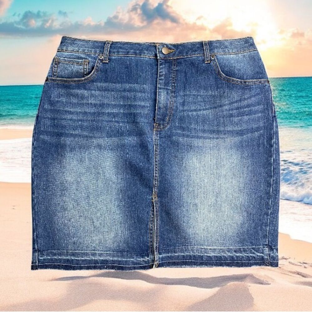 * Faded Glory Blue Denim mini skirt size 16 raw hemline slit medium blue wash